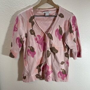 Peter Nygard Pink Floral V-Neck Cardigan Size M